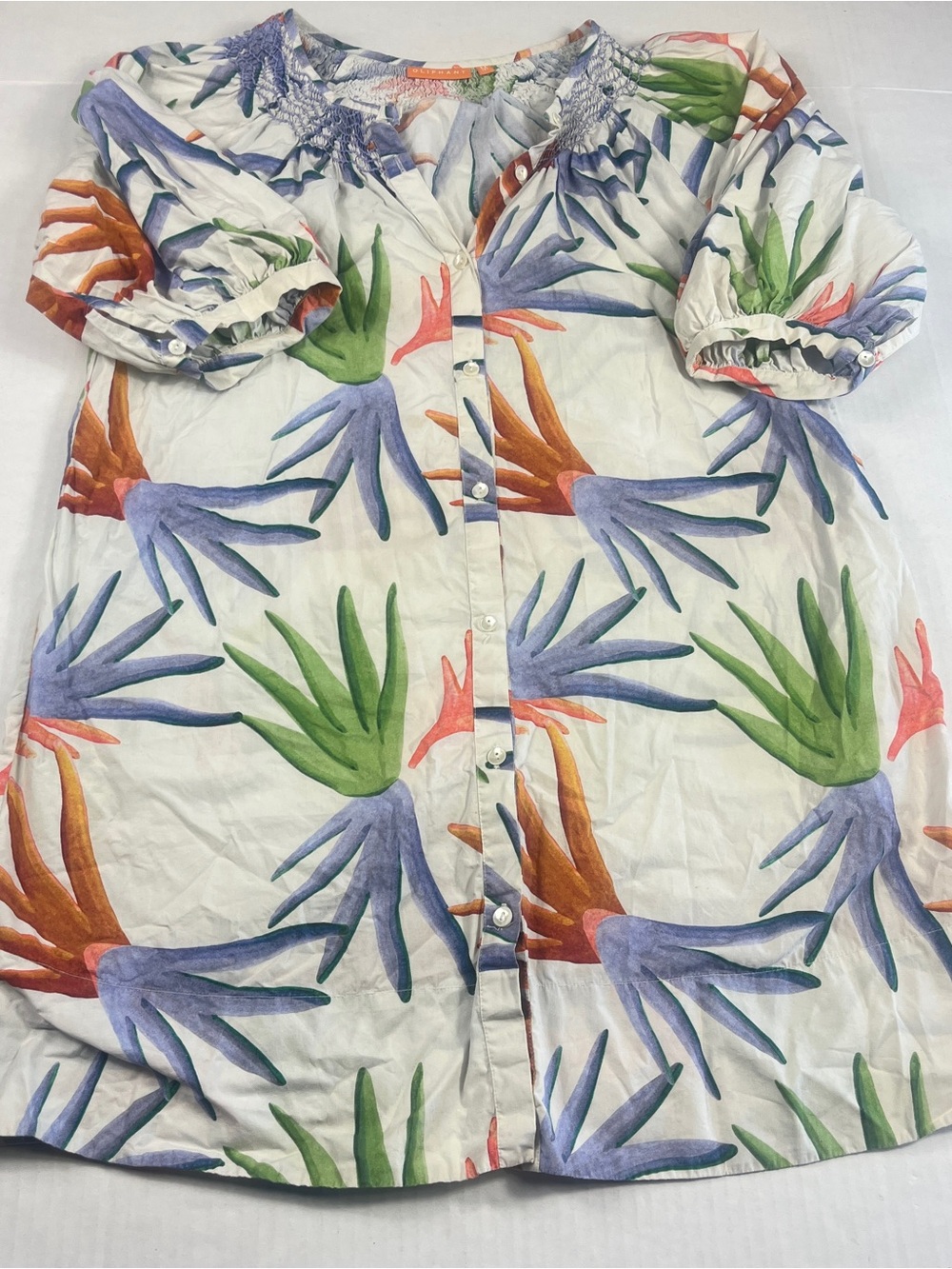 Oliphant Day Shirt Dress M Boho Tropical Print Puff Sleeve Resort Beach FLAW